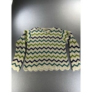 Marisa Christina Medium Crochet Chevron Knit Sweater White Blue Green Scallophem